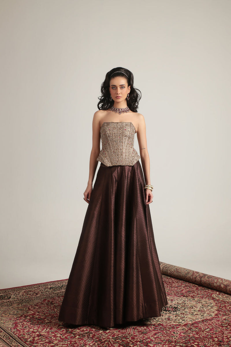 Zar-Rang Brown Panelled Corset Quilted Lehenga Set chiniya silk, kora silk lehenga sets by Niti Bothra in brown & maroon for women in Singapore
