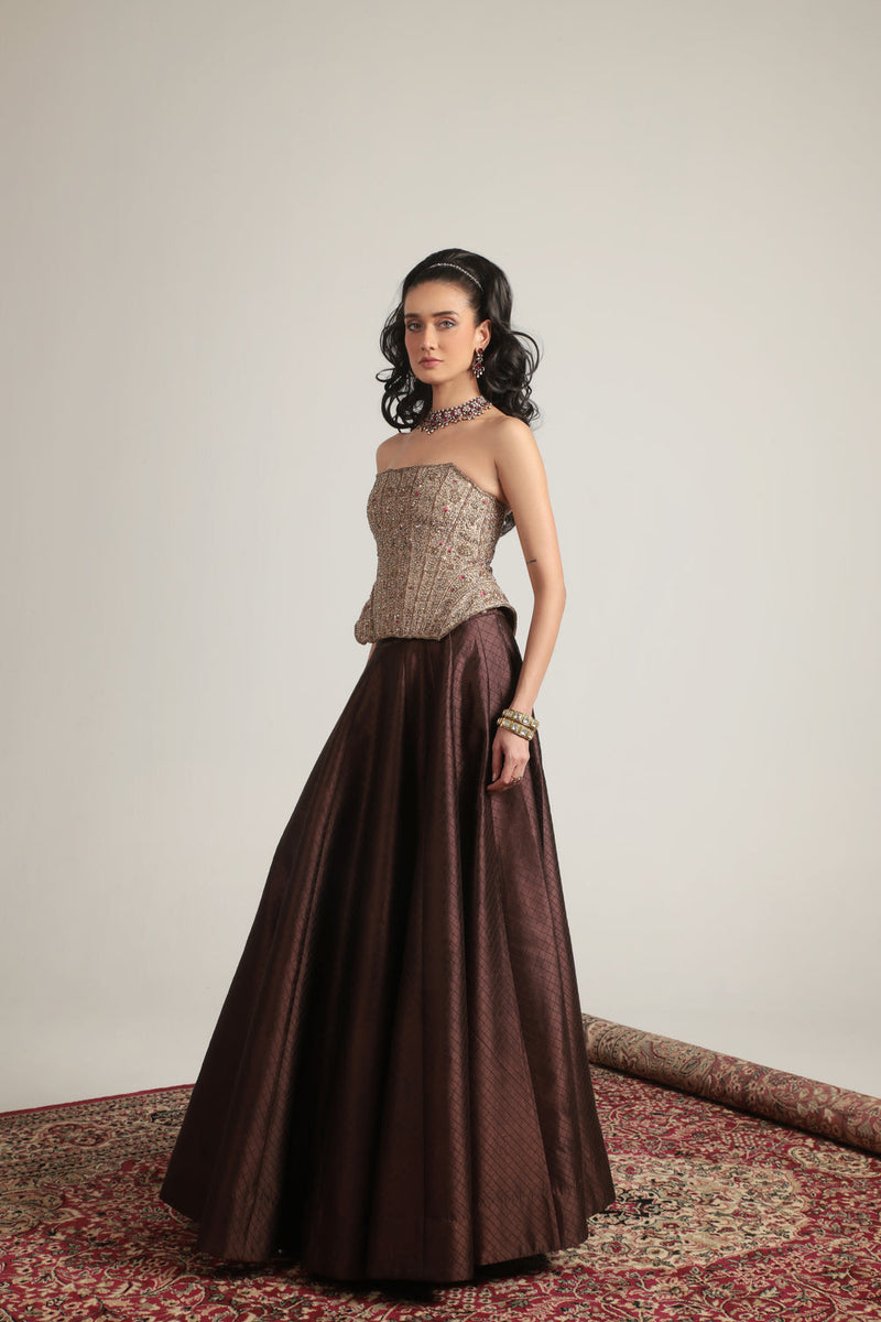 Zar-Rang Brown Panelled Corset Quilted Lehenga Set chiniya silk, kora silk lehenga sets by Niti Bothra in brown & maroon for women in Singapore