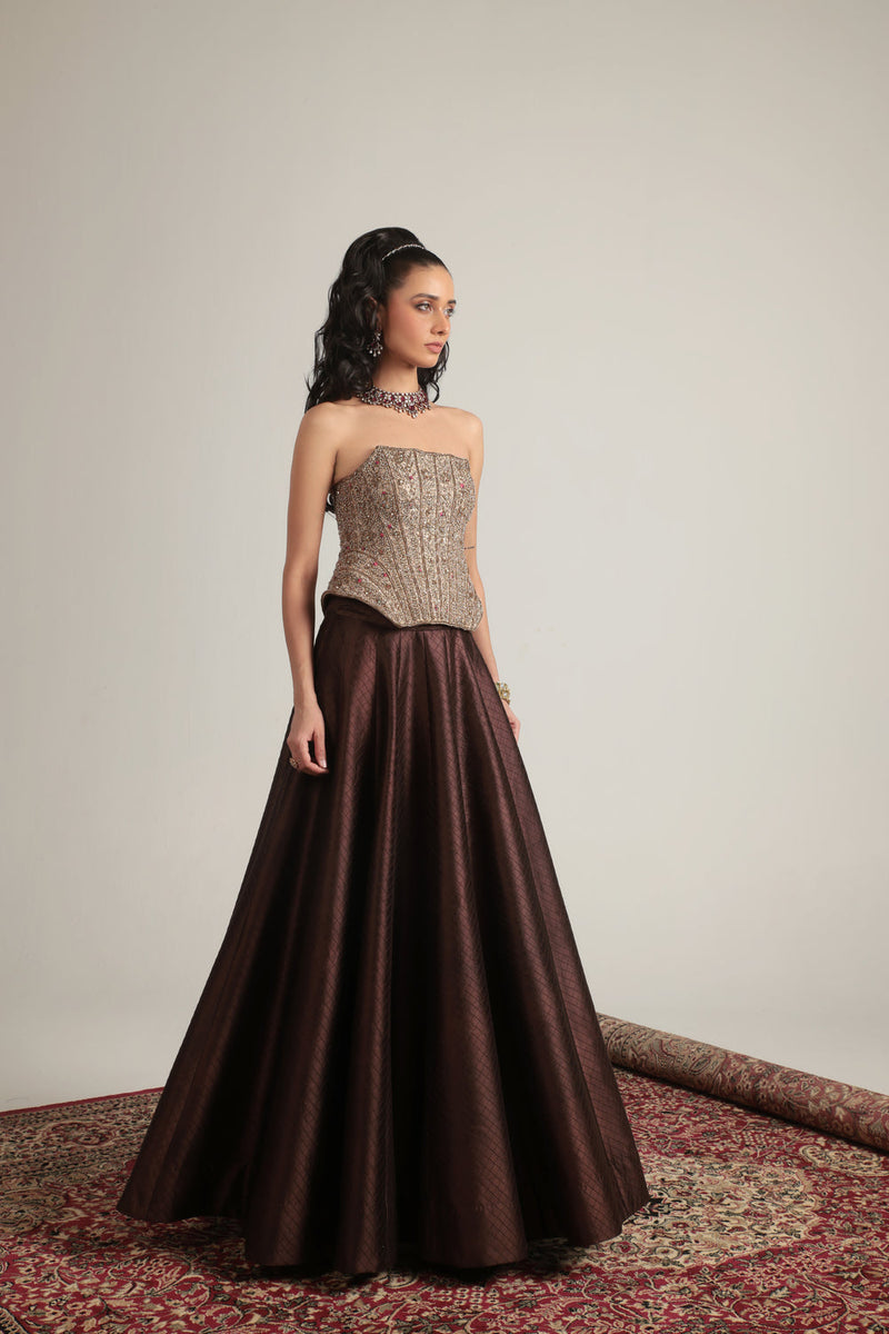 Zar-Rang Brown Panelled Corset Quilted Lehenga Set chiniya silk, kora silk lehenga sets by Niti Bothra in brown & maroon for women in Singapore