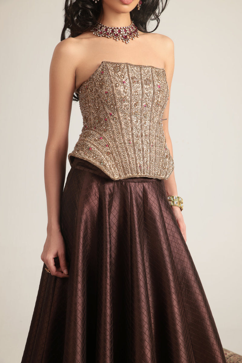 Zar-Rang Brown Panelled Corset Quilted Lehenga Set chiniya silk, kora silk lehenga sets by Niti Bothra in brown & maroon for women in Singapore