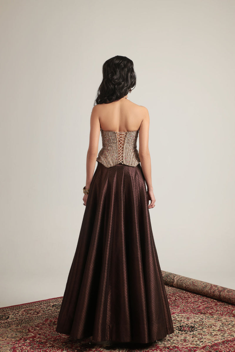 Zar-Rang Brown Panelled Corset Quilted Lehenga Set chiniya silk, kora silk lehenga sets by Niti Bothra in brown & maroon for women in Singapore