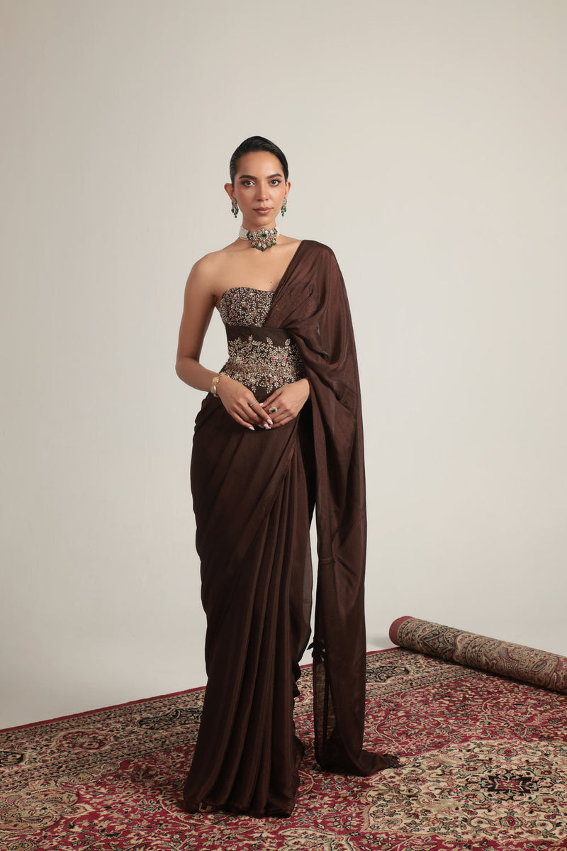 Zar-Rang Brown Double Corset Saree Set crepe sarees by Niti Bothra in brown for women in Singapore