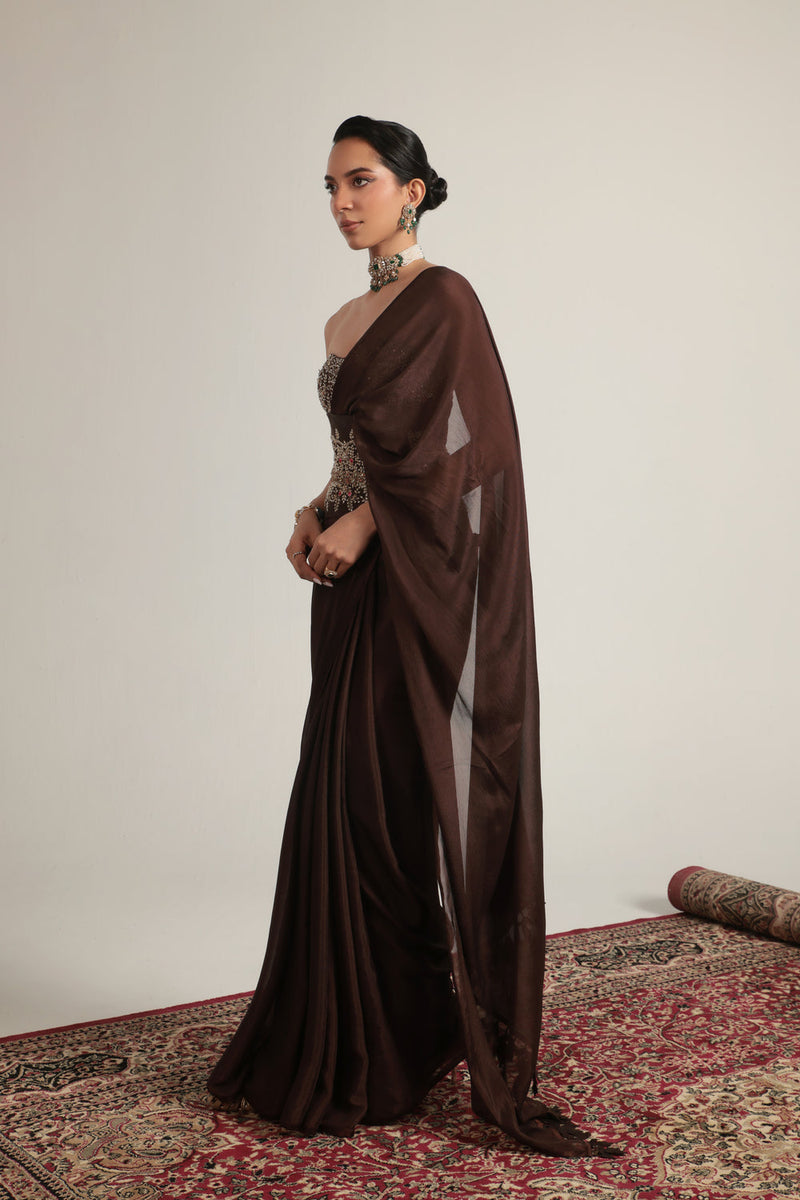 Zar-Rang Brown Double Corset Saree Set crepe sarees by Niti Bothra in brown for women in Singapore