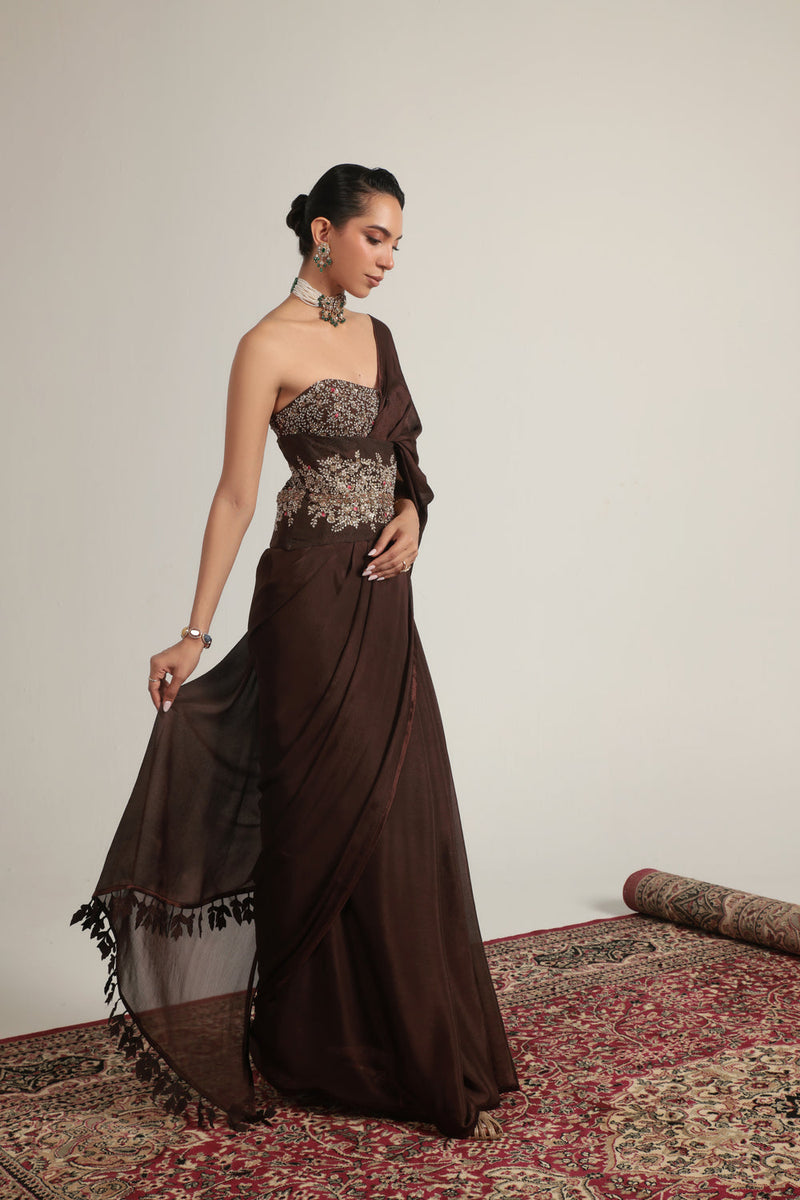 Zar-Rang Brown Double Corset Saree Set crepe sarees by Niti Bothra in brown for women in Singapore