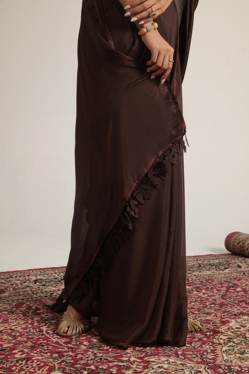 Zar-Rang Brown Double Corset Saree Set crepe sarees by Niti Bothra in brown for women in Singapore