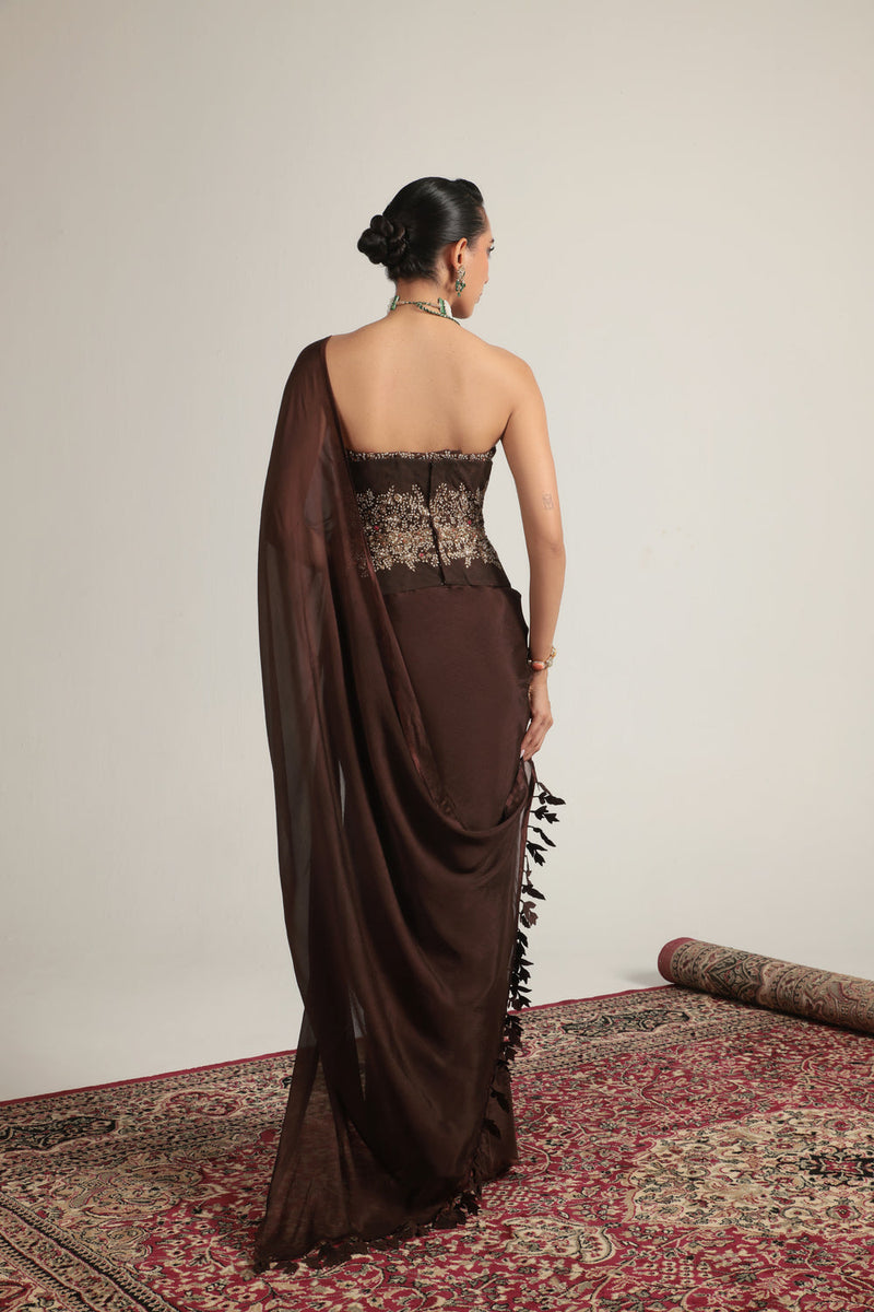 Zar-Rang Brown Double Corset Saree Set crepe sarees by Niti Bothra in brown for women in Singapore