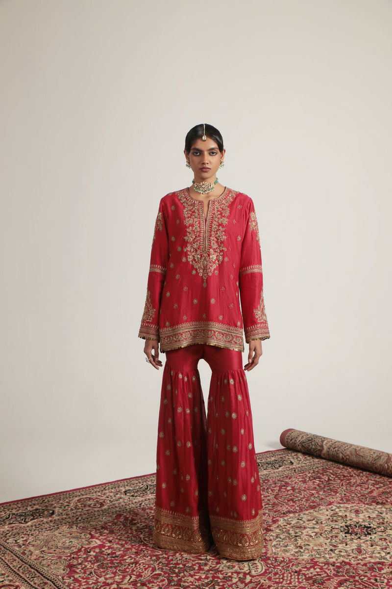 Zar-Rang Red Phool Patti Sharara Set silk chanderi, organza kurta/kurta set by Niti Bothra in red for women in Singapore