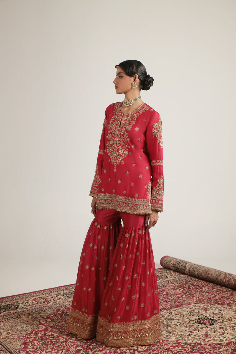 Zar-Rang Red Phool Patti Sharara Set silk chanderi, organza kurta/kurta set by Niti Bothra in red for women in Singapore