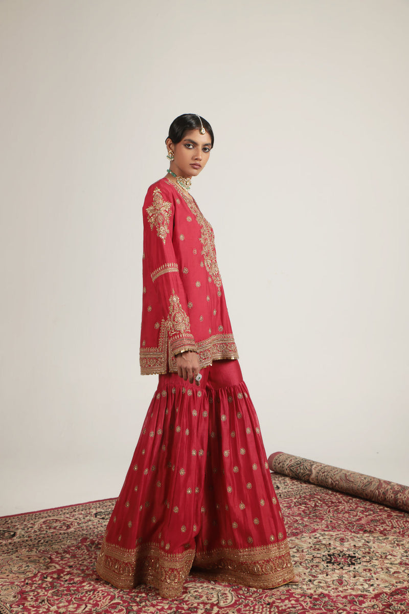 Zar-Rang Red Phool Patti Sharara Set silk chanderi, organza kurta/kurta set by Niti Bothra in red for women in Singapore