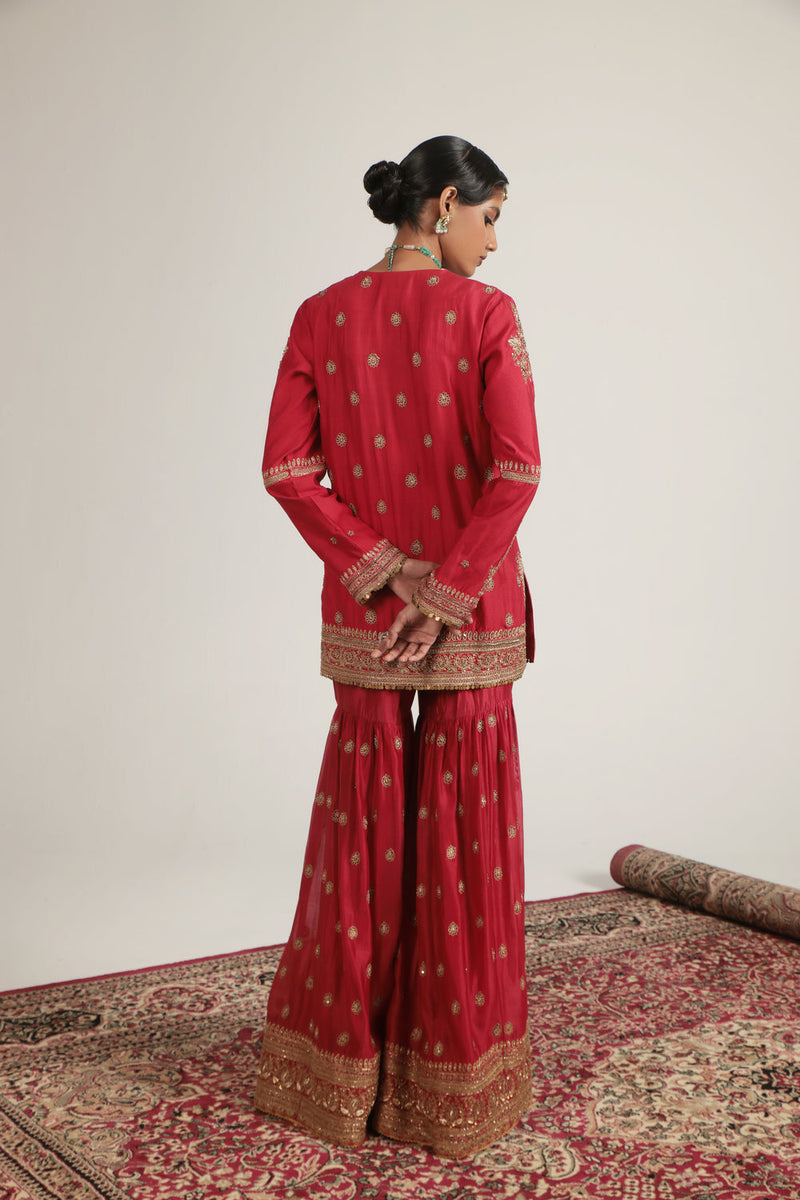 Zar-Rang Red Phool Patti Sharara Set silk chanderi, organza kurta/kurta set by Niti Bothra in red for women in Singapore