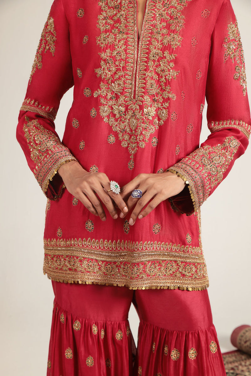 Zar-Rang Red Phool Patti Sharara Set silk chanderi, organza kurta/kurta set by Niti Bothra in red for women in Singapore