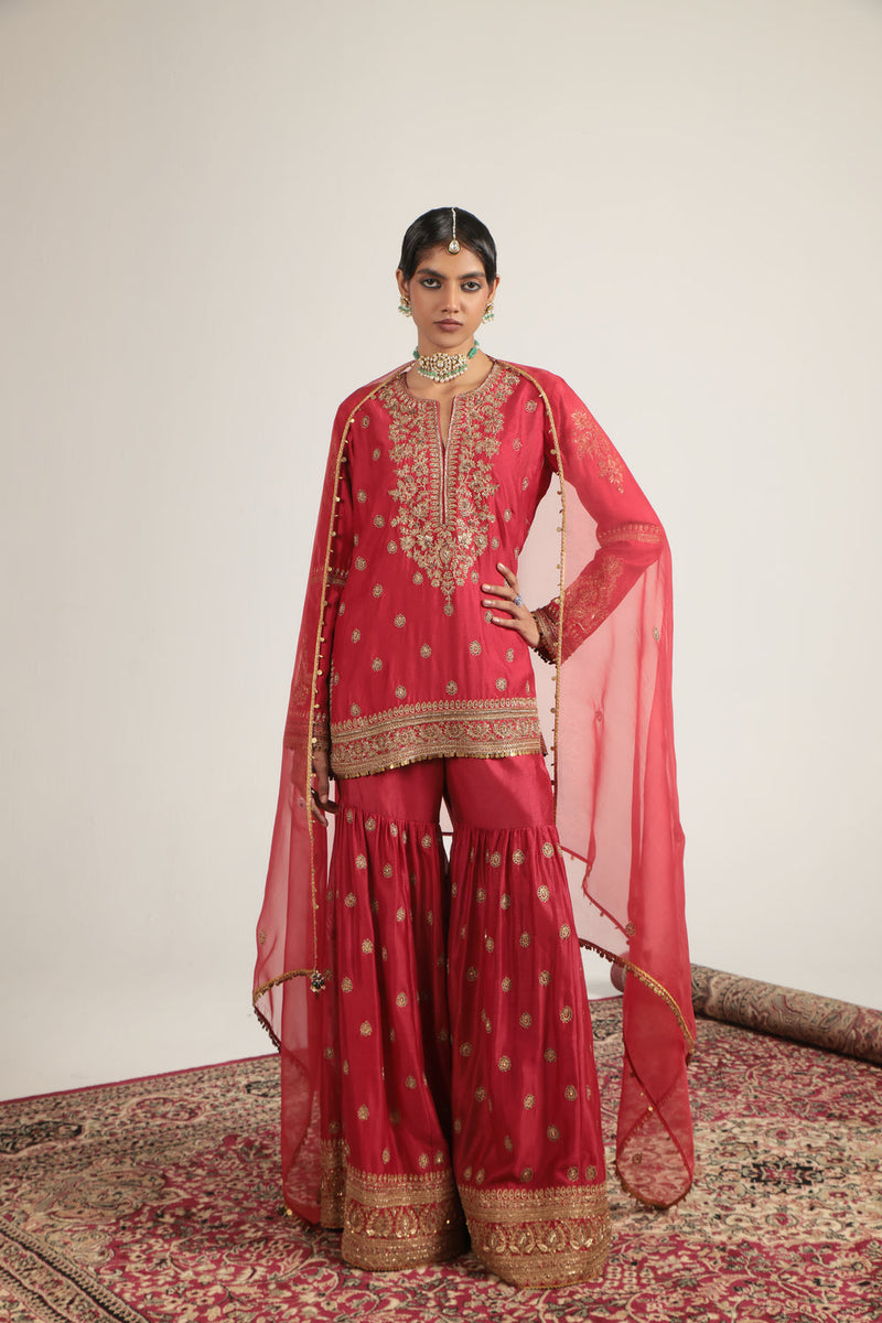 Zar-Rang Red Phool Patti Sharara Set silk chanderi, organza kurta/kurta set by Niti Bothra in red for women in Singapore