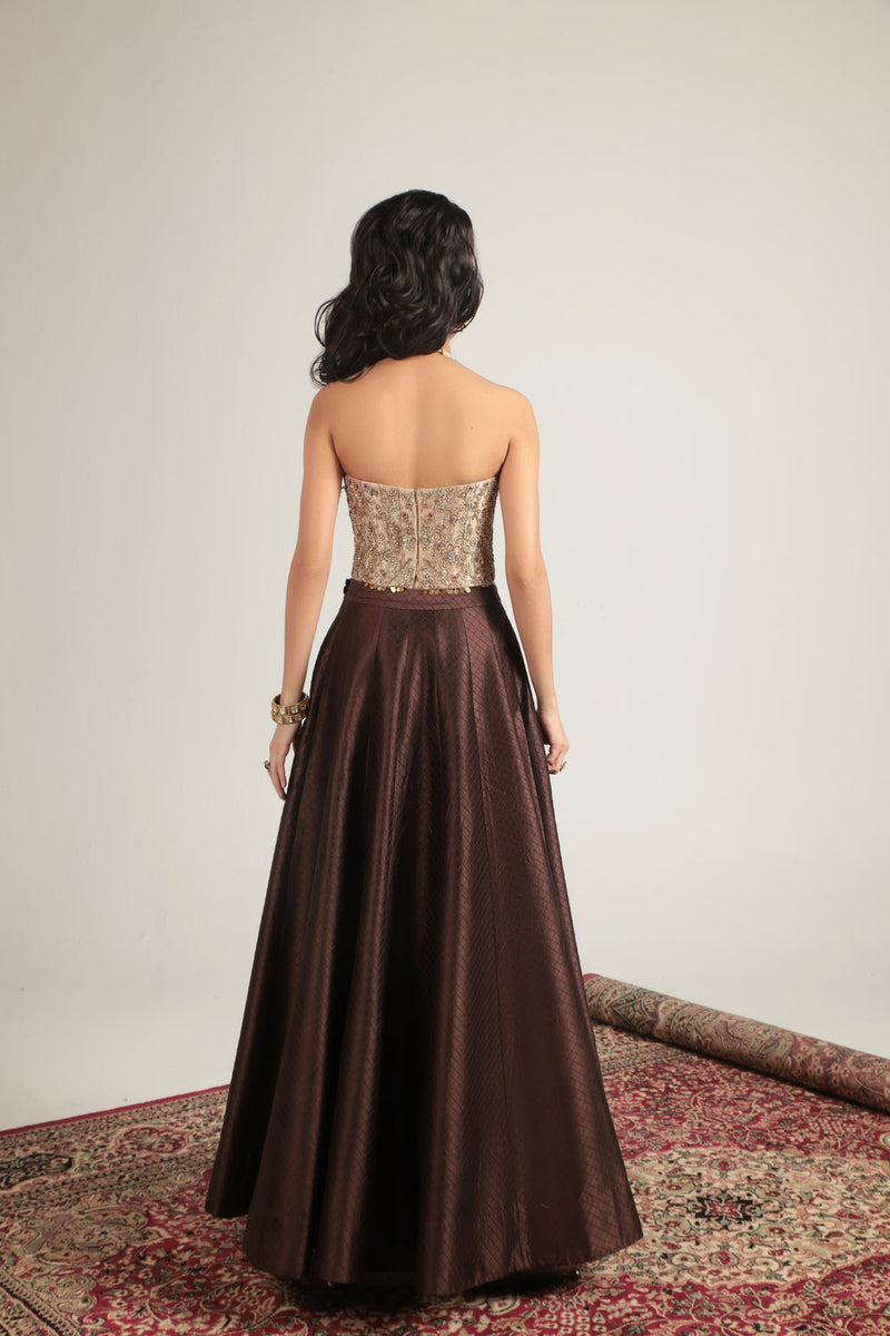 Zar-Rang Brown Corset Quilted Lehenga Set chiniya silk, kora silk lehenga sets by Niti Bothra in brown & maroon for women in Singapore