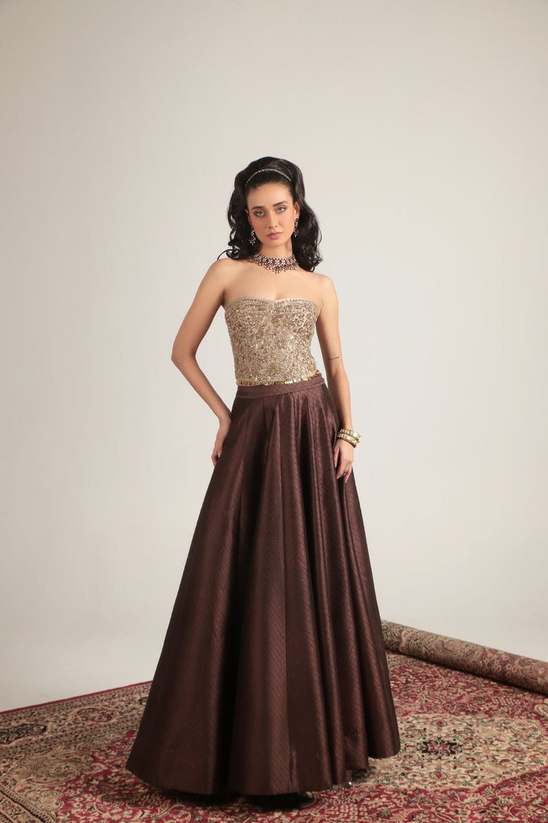 Zar-Rang Brown Corset Quilted Lehenga Set chiniya silk, kora silk lehenga sets by Niti Bothra in brown & maroon for women in Singapore