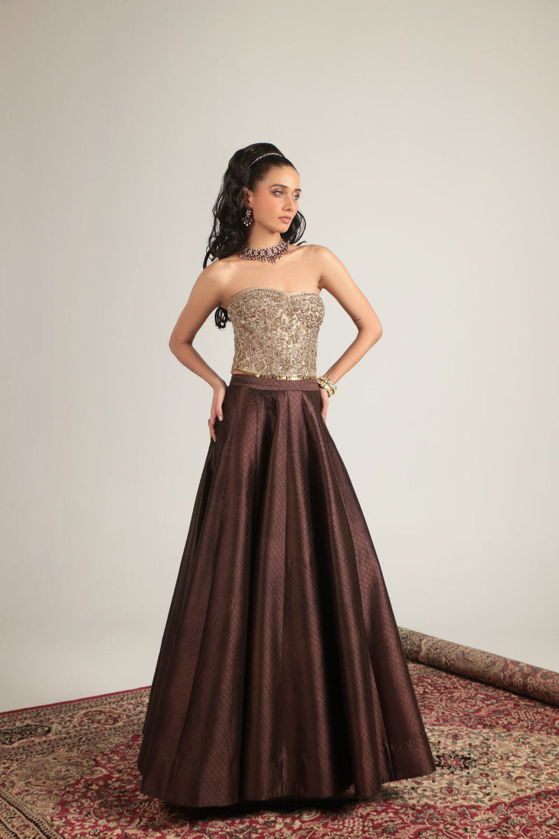 Zar-Rang Brown Corset Quilted Lehenga Set chiniya silk, kora silk lehenga sets by Niti Bothra in brown & maroon for women in Singapore