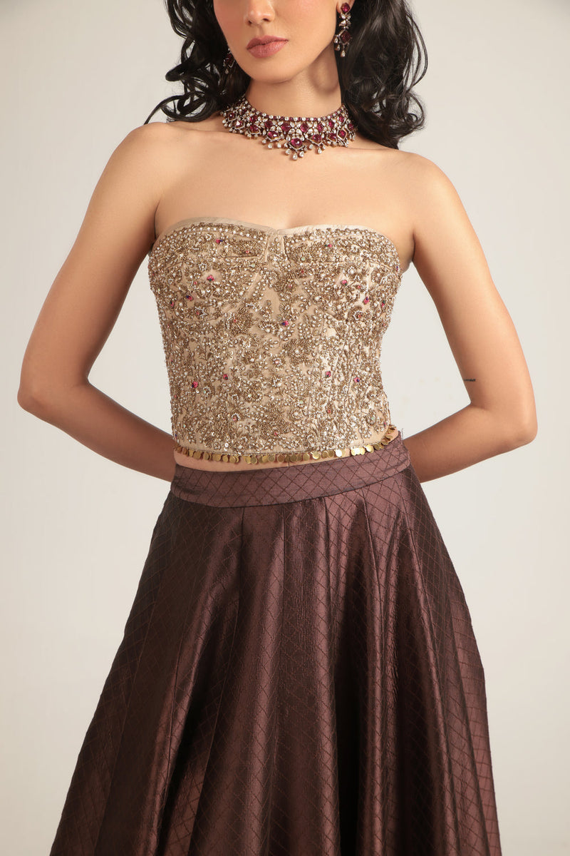 Zar-Rang Brown Corset Quilted Lehenga Set chiniya silk, kora silk lehenga sets by Niti Bothra in brown & maroon for women in Singapore