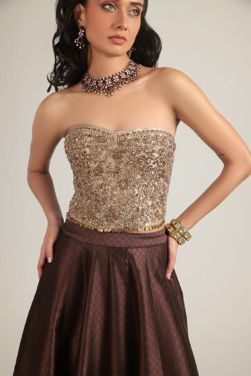 Zar-Rang Brown Corset Quilted Lehenga Set chiniya silk, kora silk lehenga sets by Niti Bothra in brown & maroon for women in Singapore