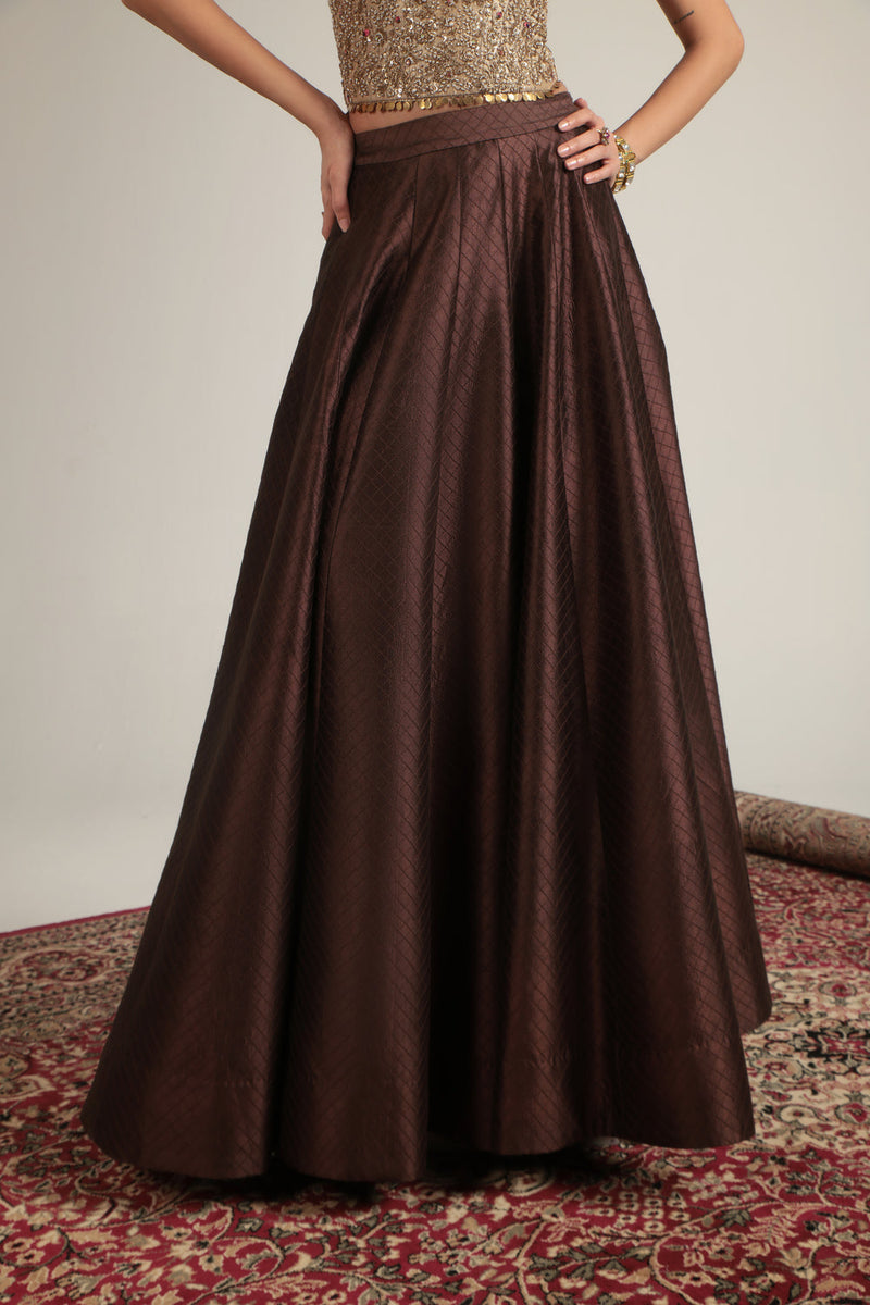 Zar-Rang Brown Corset Quilted Lehenga Set chiniya silk, kora silk lehenga sets by Niti Bothra in brown & maroon for women in Singapore