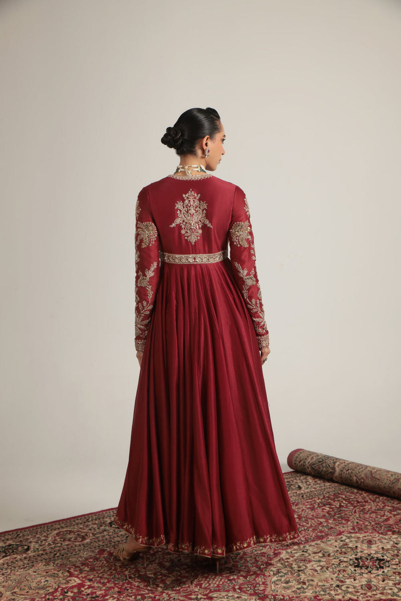 Zar-Rang Maroon Heavy Yoke Kalidar Set silk chanderi, silk tencel, organza kurta/kurta set by Niti Bothra in maroon for women in Singapore