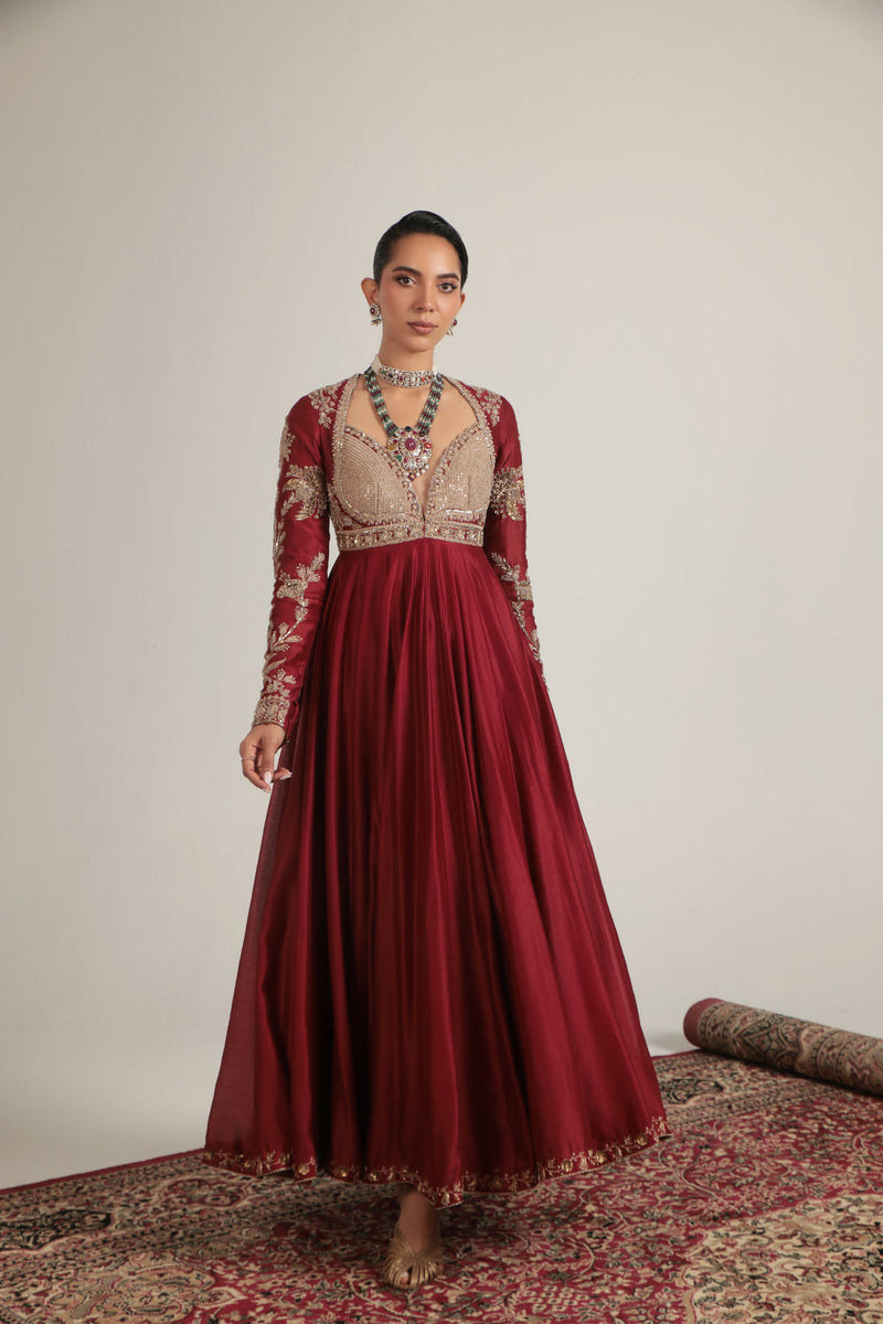 Zar-Rang Maroon Heavy Yoke Kalidar Set silk chanderi, silk tencel, organza kurta/kurta set by Niti Bothra in maroon for women in Singapore
