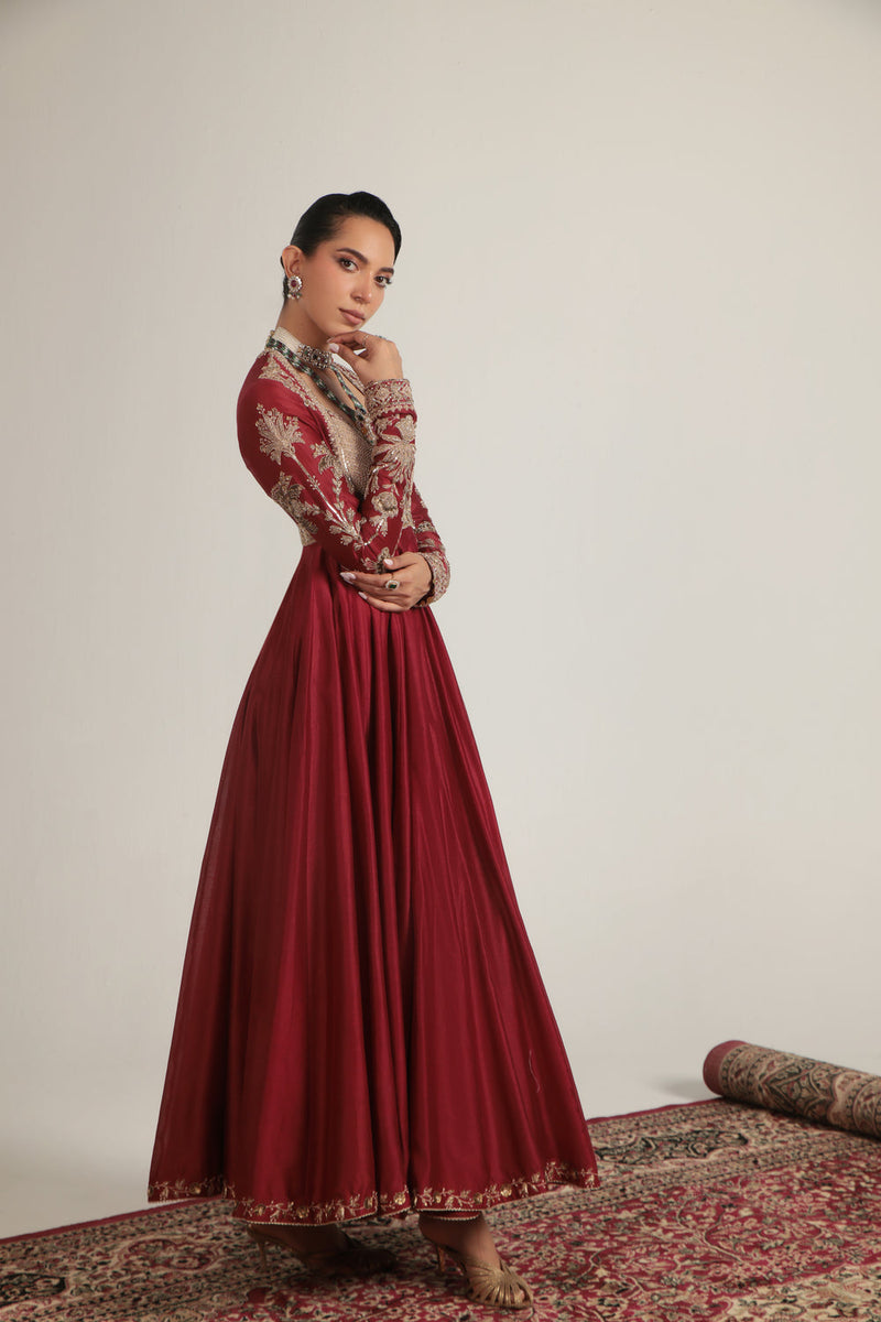 Zar-Rang Maroon Heavy Yoke Kalidar Set silk chanderi, silk tencel, organza kurta/kurta set by Niti Bothra in maroon for women in Singapore