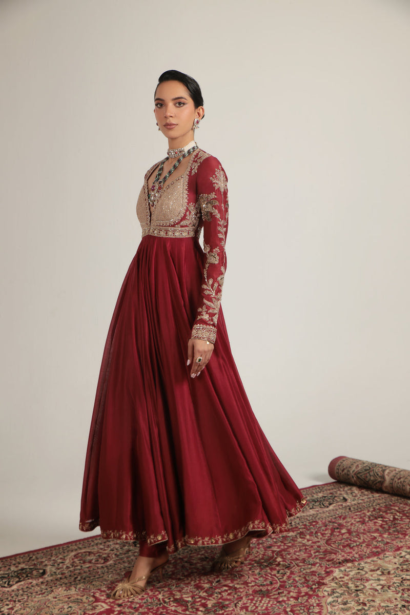 Zar-Rang Maroon Heavy Yoke Kalidar Set silk chanderi, silk tencel, organza kurta/kurta set by Niti Bothra in maroon for women in Singapore