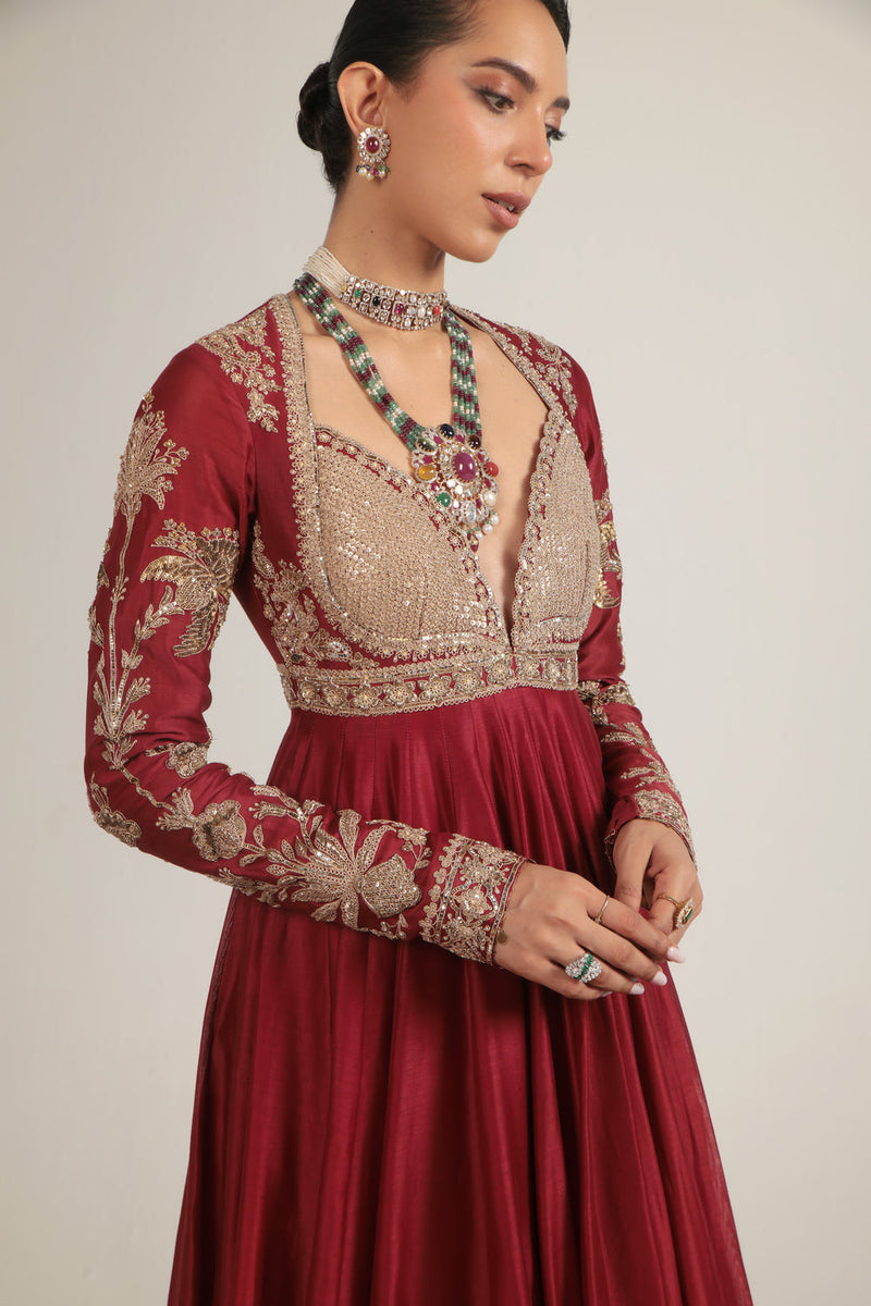 Zar-Rang Maroon Heavy Yoke Kalidar Set silk chanderi, silk tencel, organza kurta/kurta set by Niti Bothra in maroon for women in Singapore