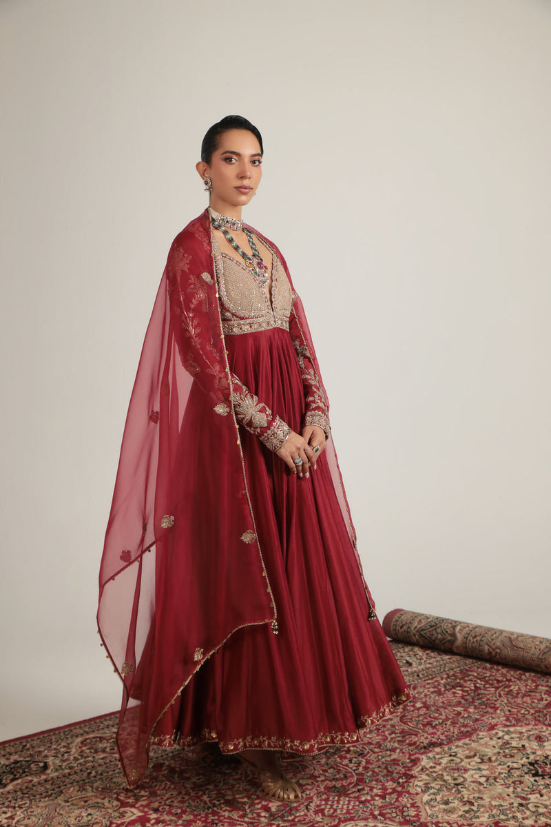 Zar-Rang Maroon Heavy Yoke Kalidar Set silk chanderi, silk tencel, organza kurta/kurta set by Niti Bothra in maroon for women in Singapore