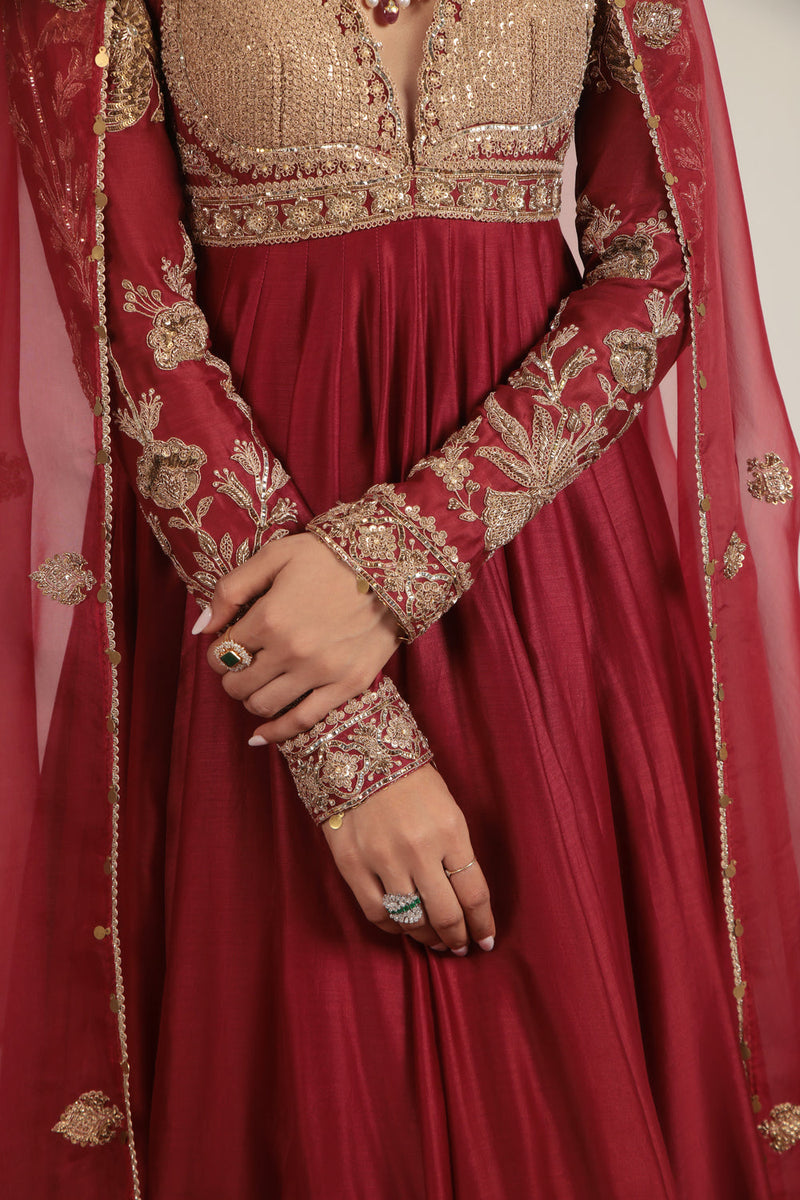 Zar-Rang Maroon Heavy Yoke Kalidar Set silk chanderi, silk tencel, organza kurta/kurta set by Niti Bothra in maroon for women in Singapore