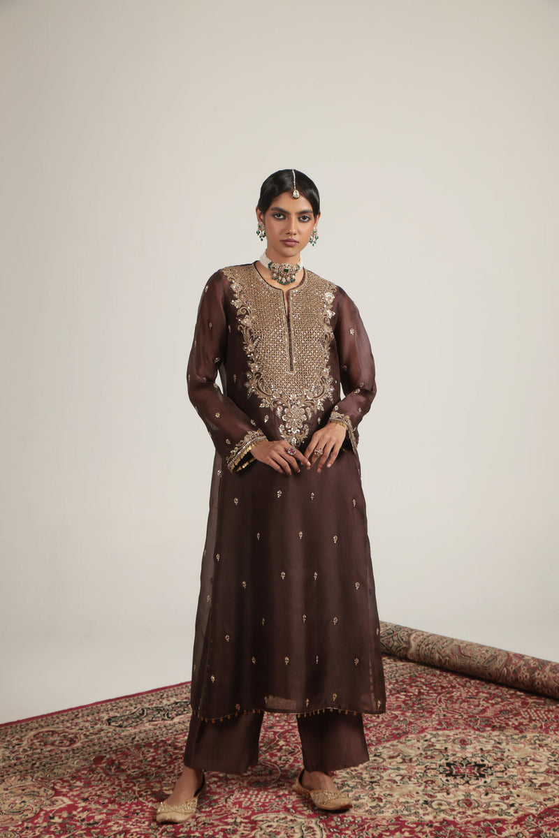 Zar-Rang Brown Long Kurta Set organza, silk tencel kurta/kurta set by Niti Bothra in brown for women in Singapore