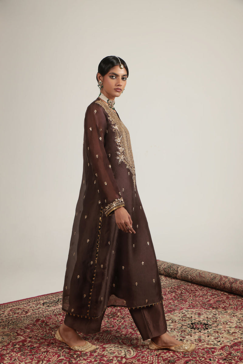 Zar-Rang Brown Long Kurta Set organza, silk tencel kurta/kurta set by Niti Bothra in brown for women in Singapore