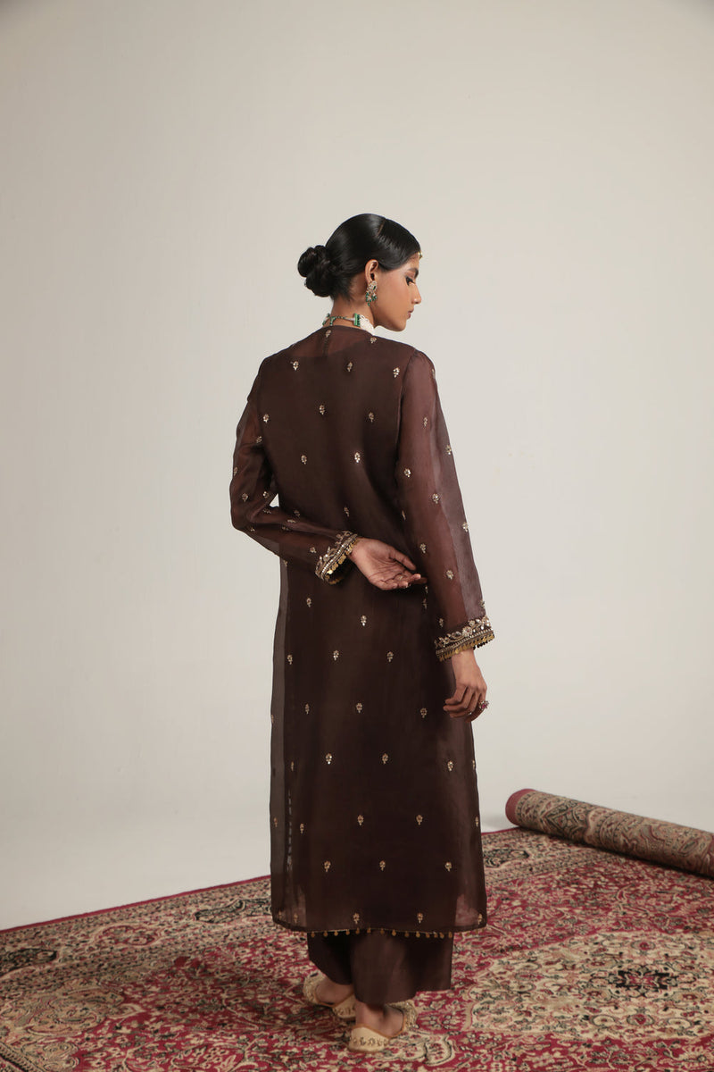 Zar-Rang Brown Long Kurta Set organza, silk tencel kurta/kurta set by Niti Bothra in brown for women in Singapore