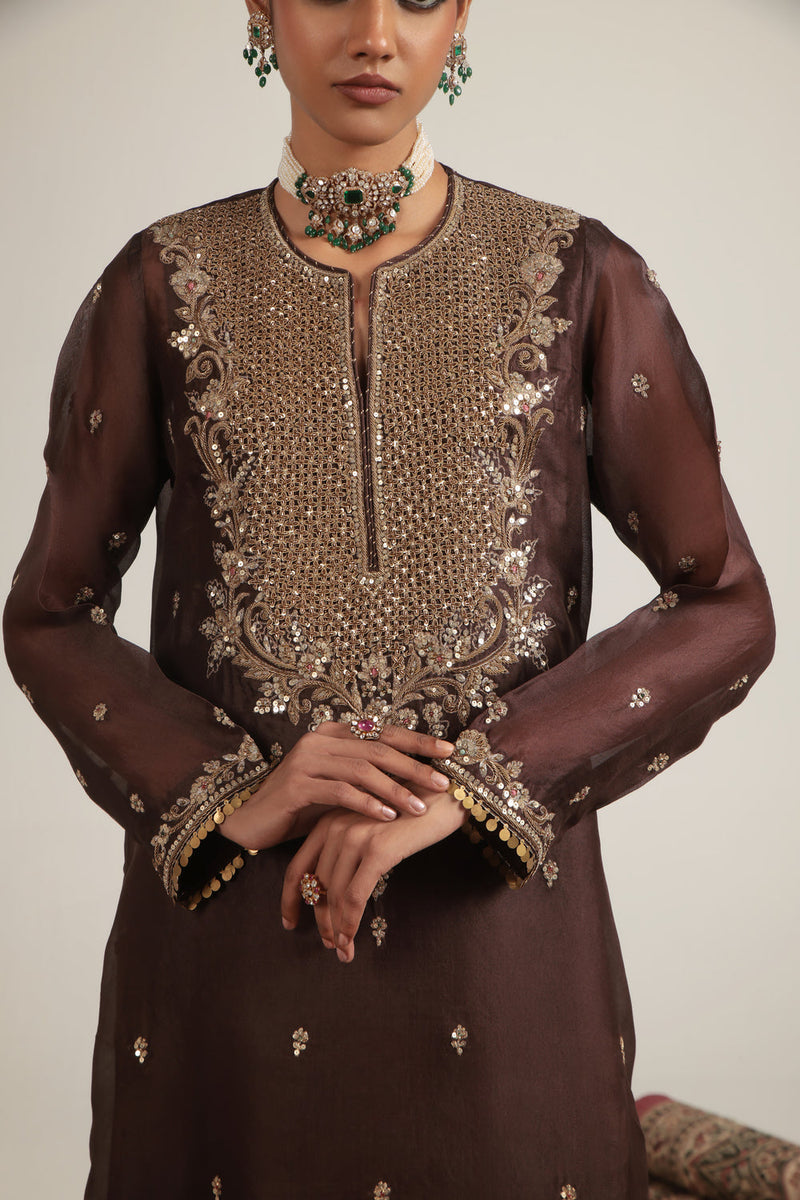 Zar-Rang Brown Long Kurta Set organza, silk tencel kurta/kurta set by Niti Bothra in brown for women in Singapore