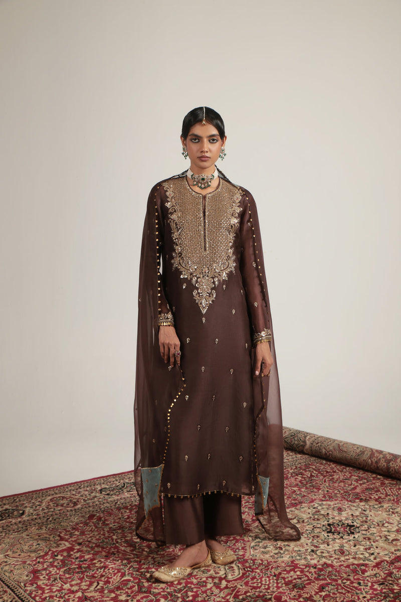 Zar-Rang Brown Long Kurta Set organza, silk tencel kurta/kurta set by Niti Bothra in brown for women in Singapore