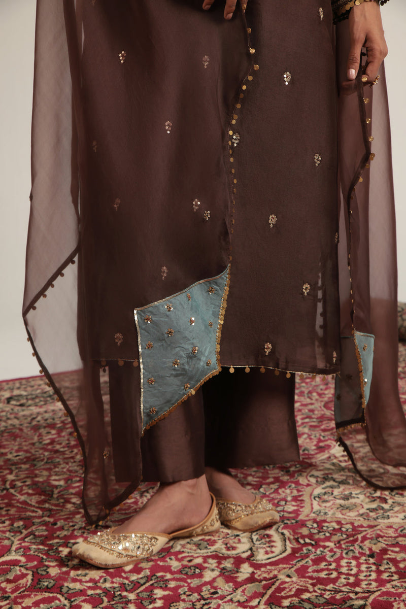 Zar-Rang Brown Long Kurta Set organza, silk tencel kurta/kurta set by Niti Bothra in brown for women in Singapore