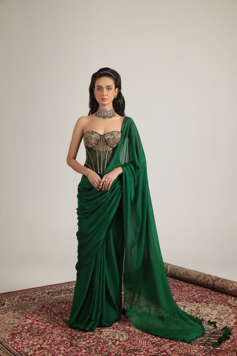 Zar-Rang Green Zardosi Corset Saree Set crepe, net sarees by Niti Bothra in green for women in Singapore