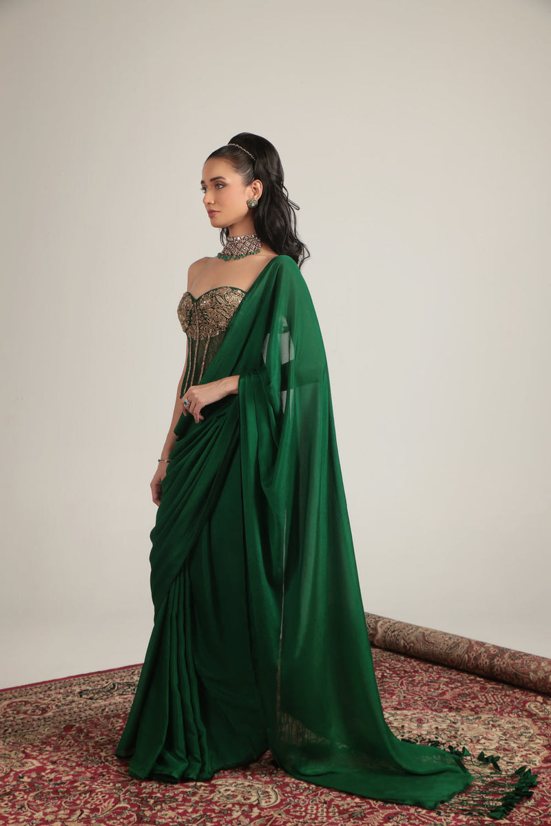 Zar-Rang Green Zardosi Corset Saree Set crepe, net sarees by Niti Bothra in green for women in Singapore