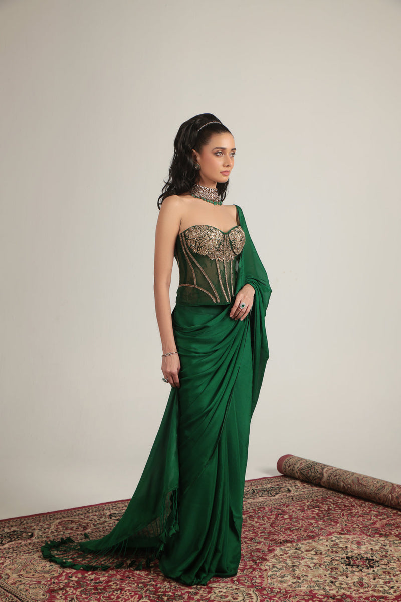 Zar-Rang Green Zardosi Corset Saree Set crepe, net sarees by Niti Bothra in green for women in Singapore