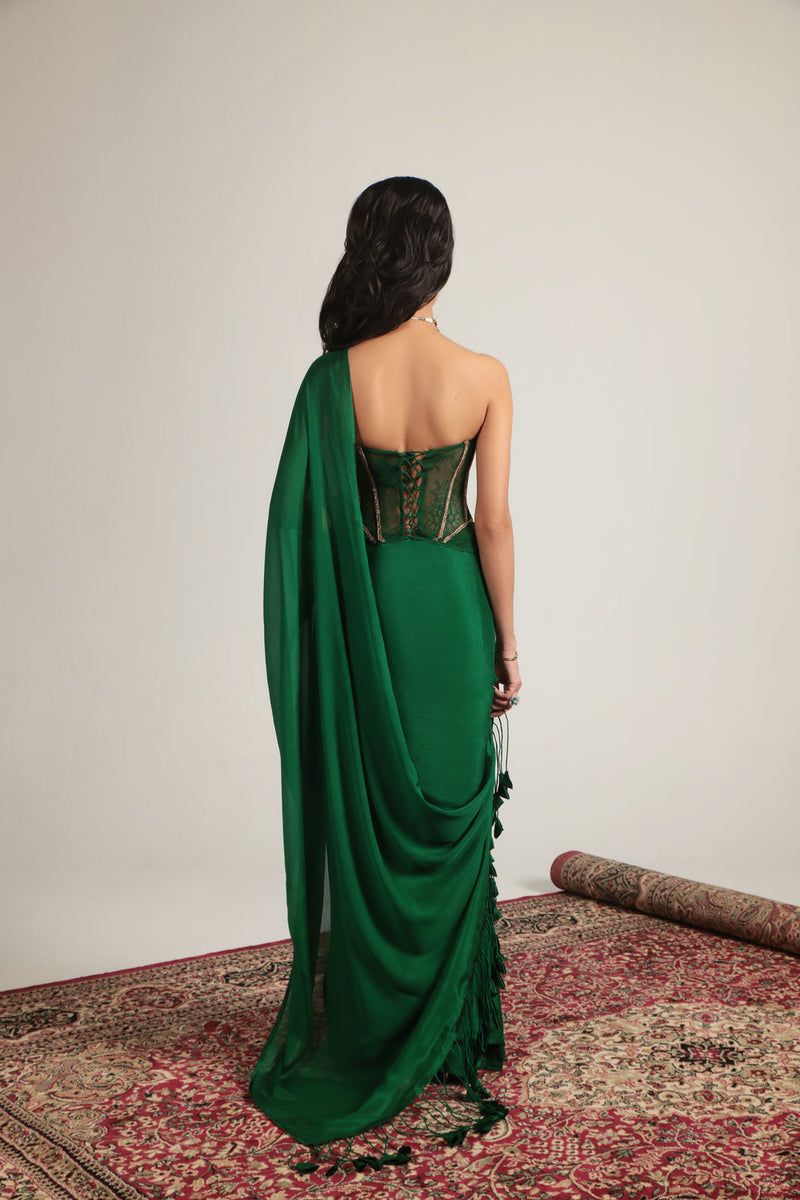 Zar-Rang Green Zardosi Corset Saree Set crepe, net sarees by Niti Bothra in green for women in Singapore