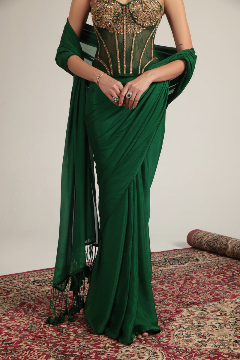 Zar-Rang Green Zardosi Corset Saree Set crepe, net sarees by Niti Bothra in green for women in Singapore