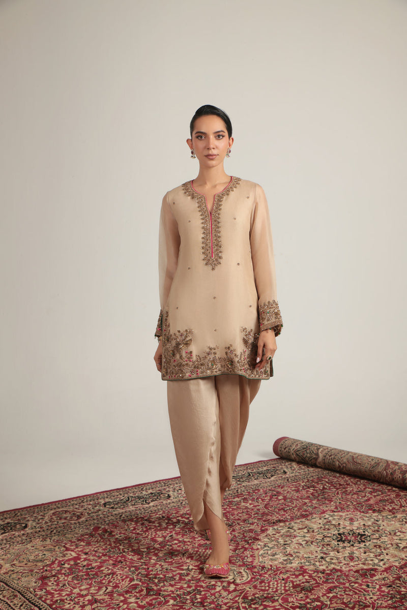 Zar-Rang Ivory Heavy Short Kurta Set organza, silk tencel kurta/kurta set by Niti Bothra in ivory for women in Singapore