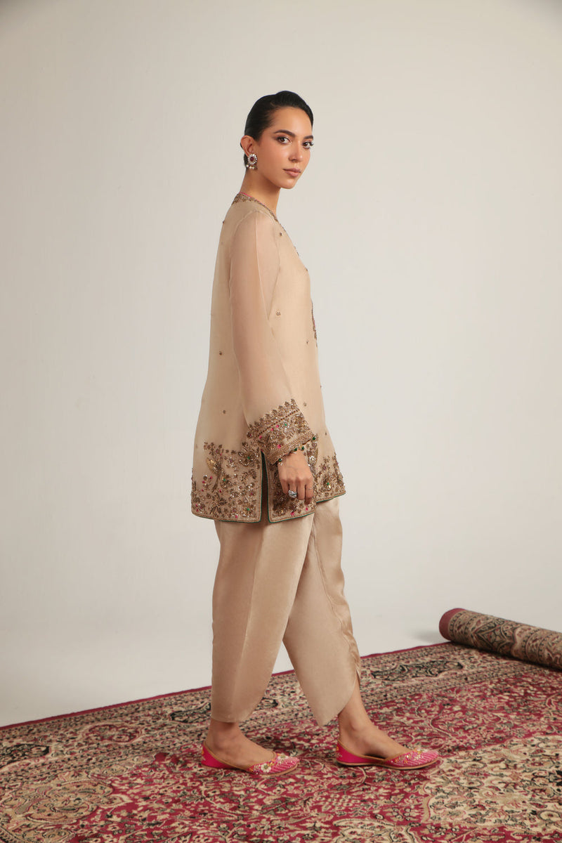 Zar-Rang Ivory Heavy Short Kurta Set organza, silk tencel kurta/kurta set by Niti Bothra in ivory for women in Singapore