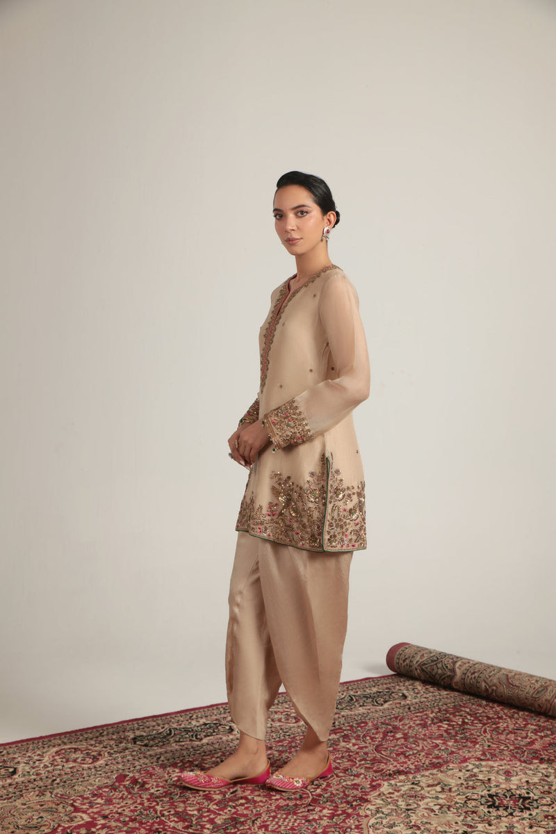 Zar-Rang Ivory Heavy Short Kurta Set organza, silk tencel kurta/kurta set by Niti Bothra in ivory for women in Singapore