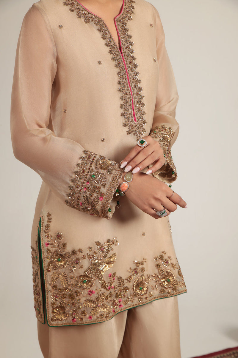 Zar-Rang Ivory Heavy Short Kurta Set organza, silk tencel kurta/kurta set by Niti Bothra in ivory for women in Singapore