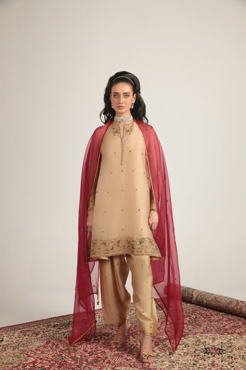 Zar-Rang Ivory Short Pheran Kurta Set organza, silk tencel kurta/kurta set by Niti Bothra in ivory for women in Singapore