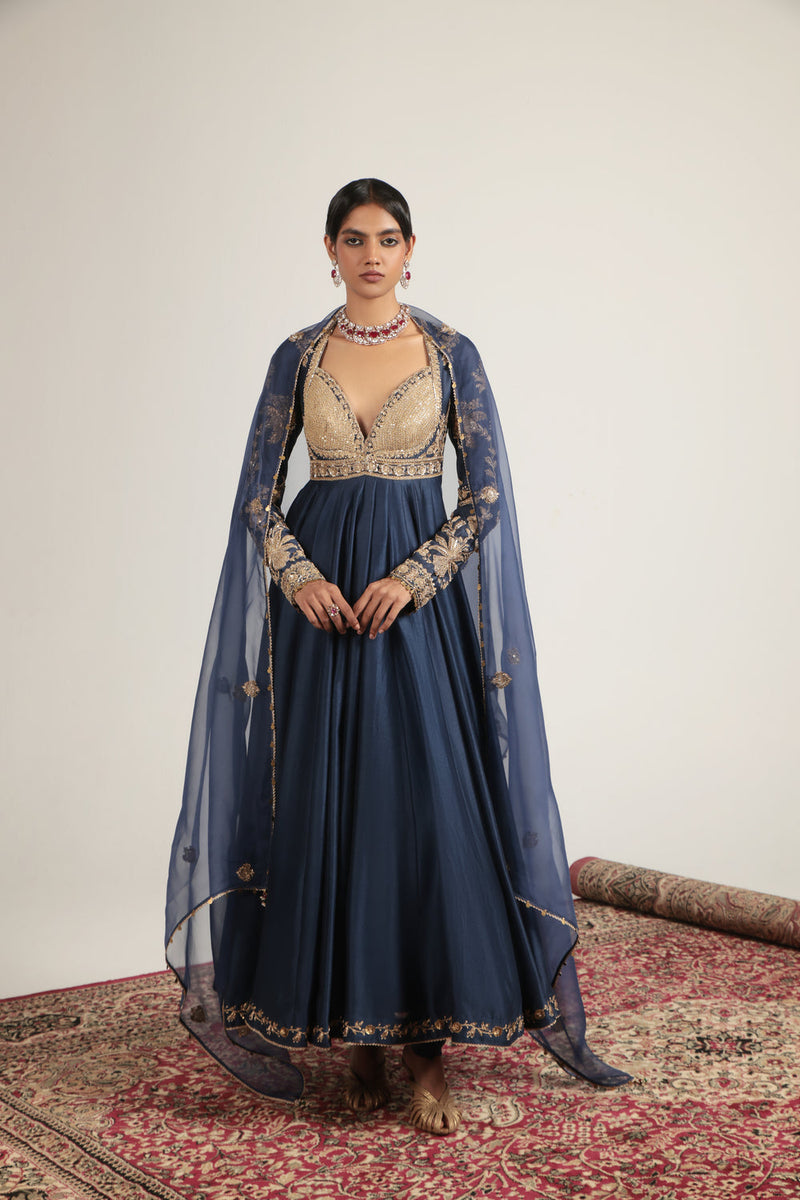 Zar-Rang Blue Heavy Yoke Kalidar Set silk chanderi, silk tencel, organza kurta/kurta set by Niti Bothra in blue for women in Singapore