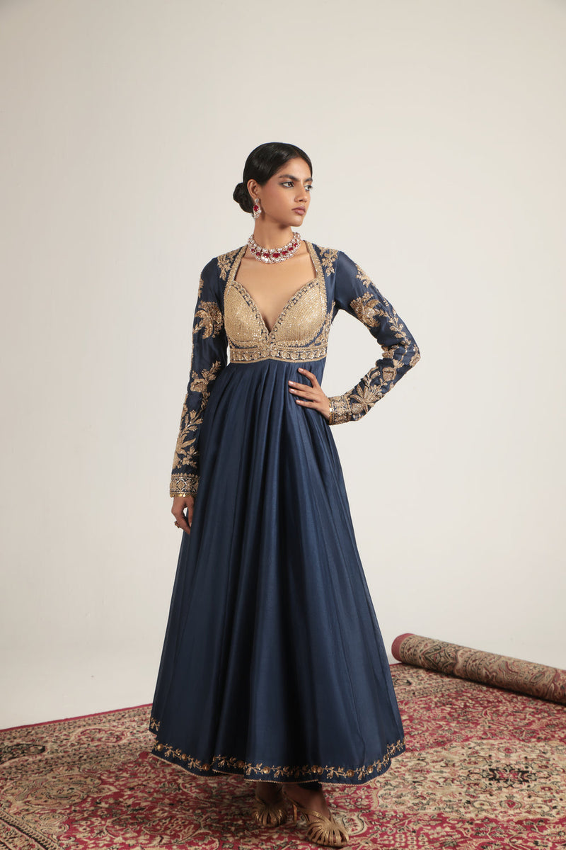 Zar-Rang Blue Heavy Yoke Kalidar Set silk chanderi, silk tencel, organza kurta/kurta set by Niti Bothra in blue for women in Singapore