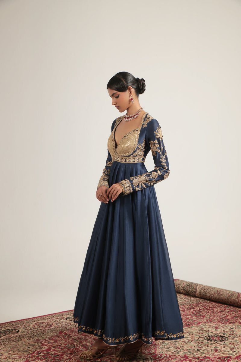 Zar-Rang Blue Heavy Yoke Kalidar Set silk chanderi, silk tencel, organza kurta/kurta set by Niti Bothra in blue for women in Singapore