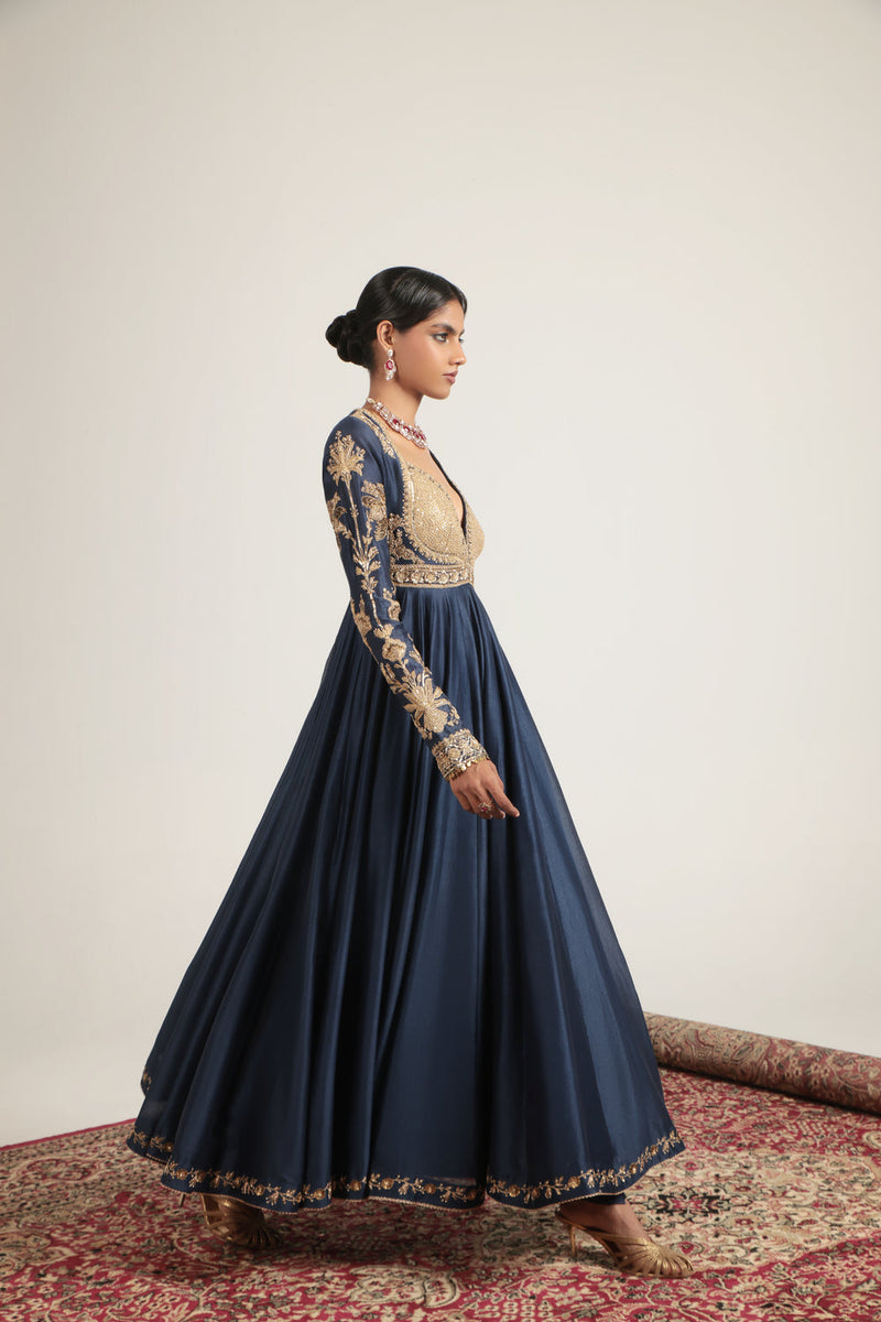 Zar-Rang Blue Heavy Yoke Kalidar Set silk chanderi, silk tencel, organza kurta/kurta set by Niti Bothra in blue for women in Singapore