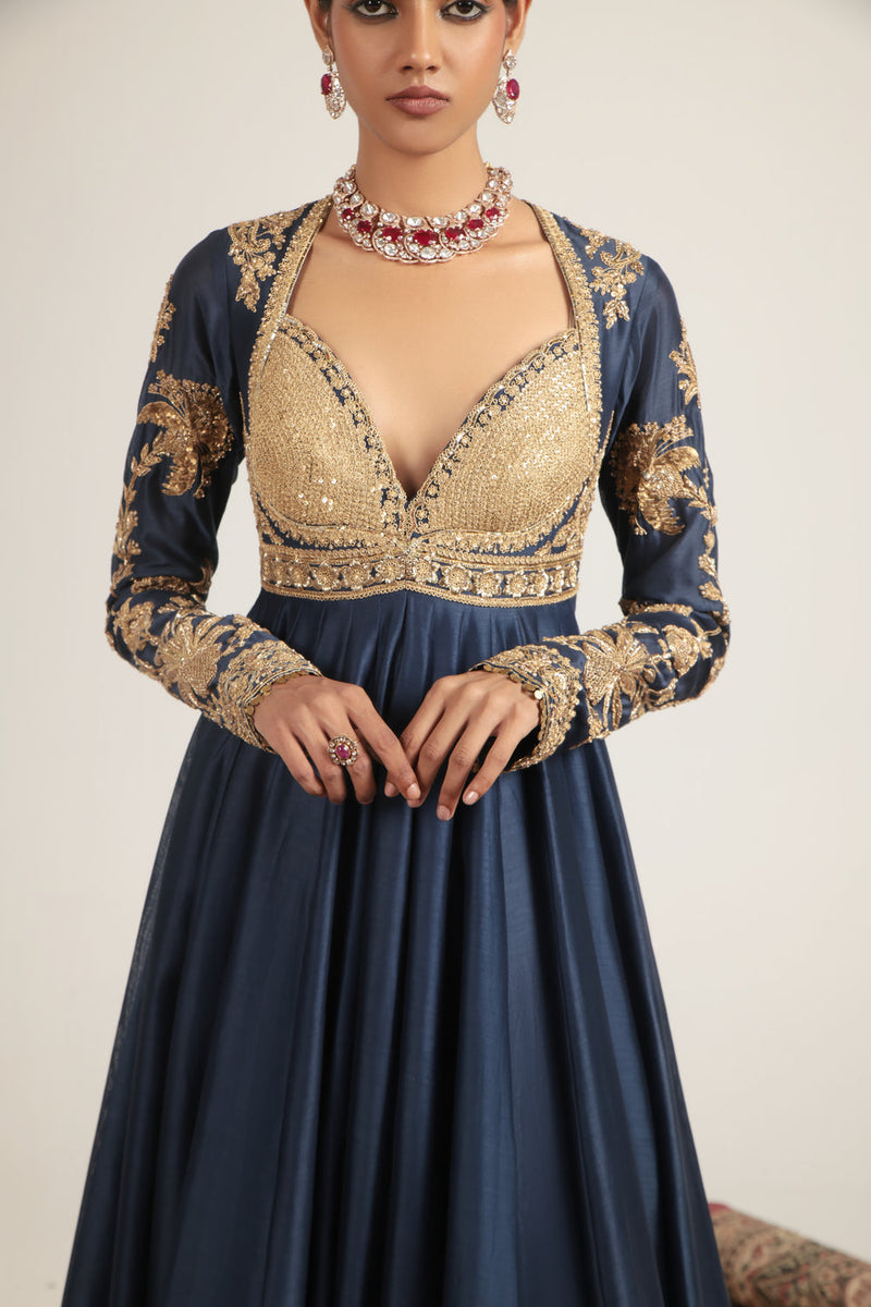 Zar-Rang Blue Heavy Yoke Kalidar Set silk chanderi, silk tencel, organza kurta/kurta set by Niti Bothra in blue for women in Singapore